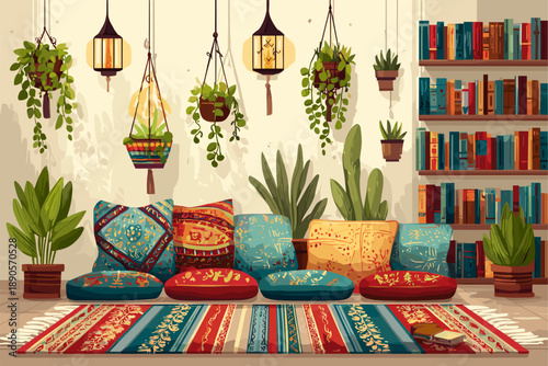 Cozy Living Room with Colorful Cushions and Bookshelves