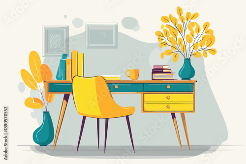 Illustration of a Modern Home Office Desk with Yellow Decor and Books