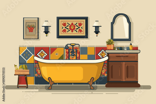 Charming Retro Bathroom with Colorful Tiles and Vintage Tub