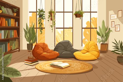 Cozy Interior with Bean Bags and Plants for Relaxation and Reading