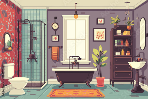 Stylish Vintage Bathroom Interior Design with Plants and Cozy Atmosphere