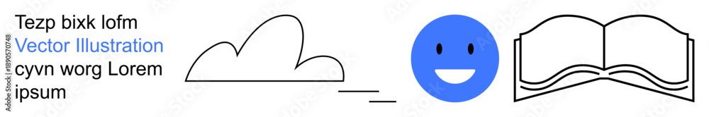 Obraz premium Education, creativity, communication, positivity, learning tools, graphic design. A cloud, blue happy and an open book symbol in a minimalist style. Education and creativity