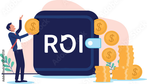 Return on investment and savings - Businessman person putting money and savings in wallet, investing and having great benefits and returns, making money and passive income. Flat design vector graphic.