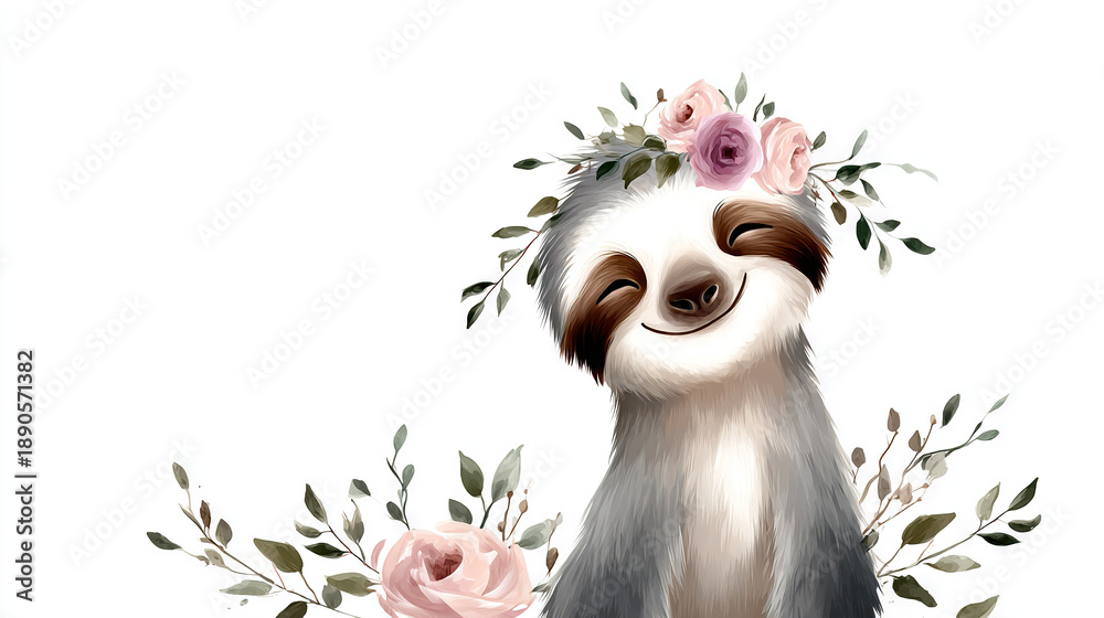 Obraz premium Whimsical Sloth with Floral Crown in Pastel Watercolor Style