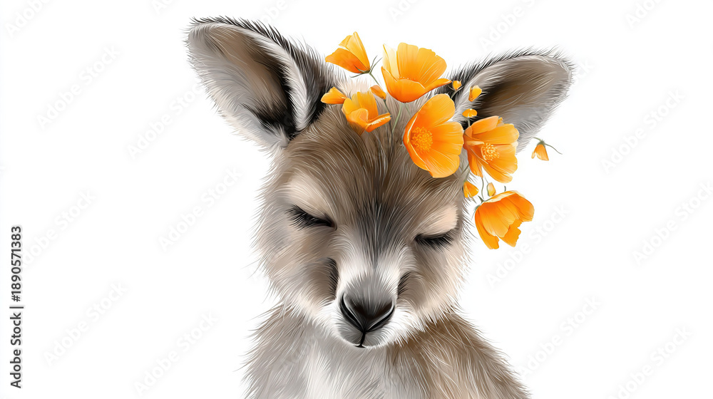 Fototapeta premium Sleepy Llama with Poppy Flowers in Ears