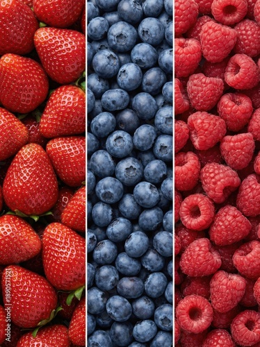 A vibrant assortment of strawberries, blueberries, and raspberries arranged in a colorful display.