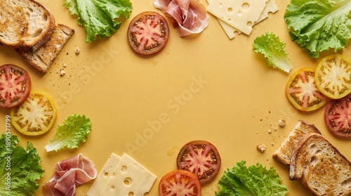 Overhead Flat Lay of Sandwich Ingredients Framing Yellow Copy Space