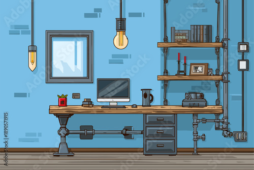 Stylish Industrial Home Office with Wooden Desk and Modern Decor