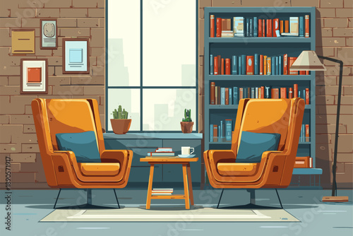 Cozy Living Room with Armchairs and Bookshelf in Modern Design