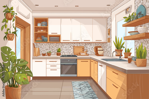 Bright and Modern Kitchen Interior with Plants and Natural Light