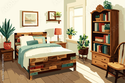 Cozy Modern Bedroom with Rustic Touches and Green Plants