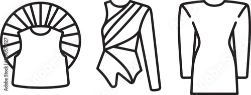 Stylized clothing icons: fan shirt jacket and long sleeve top outline