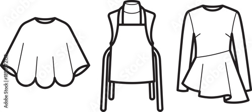 Various apparel items flat design icons including cape apron and peplum top