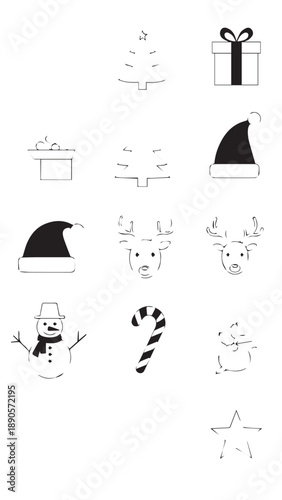 Collection of winter holiday icons featuring snowman, gift box, Santa hat, candy canes and festive symbols.