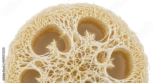 Close-up view of a natural loofah sponge showing its intricate fibrous network and porous texture.