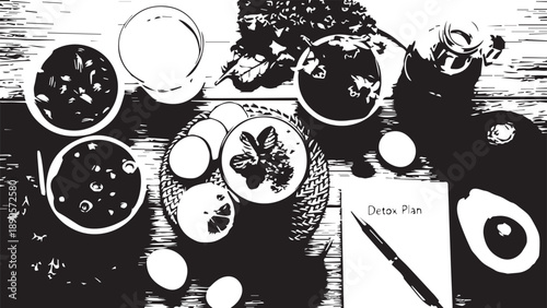 Top-down black and white view of multiple potted herbs and plants arranged on a wooden tabletop.