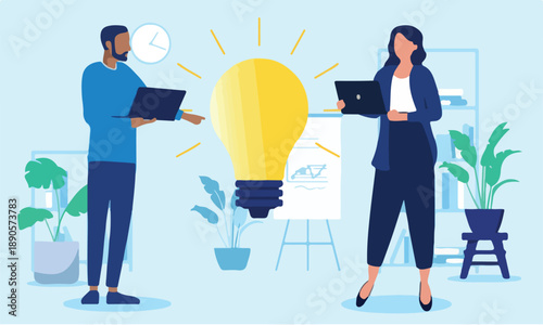 Office people idea - Two businesspeople IT workers or developers coming up with new ideas, working on brainstorming and being creative in corporate business setting. Flat design vector illustration