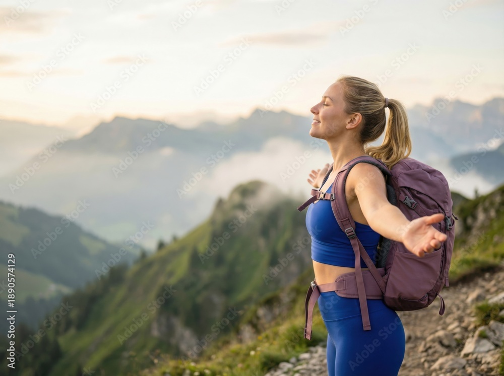 Naklejka premium A young woman with a backpack enjoying the scenic view on a mountain trail at sunset.