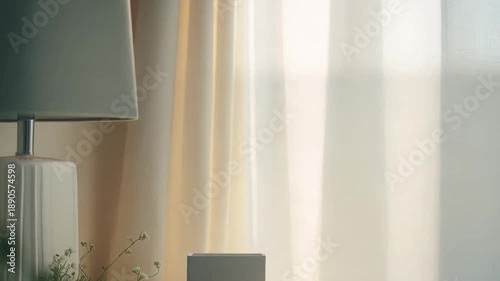 Modern smart home device standing on a white table in a sunlit room, emphasizing clean lines, contemporary aesthetics, and bright indoor ambiance with soft natural light