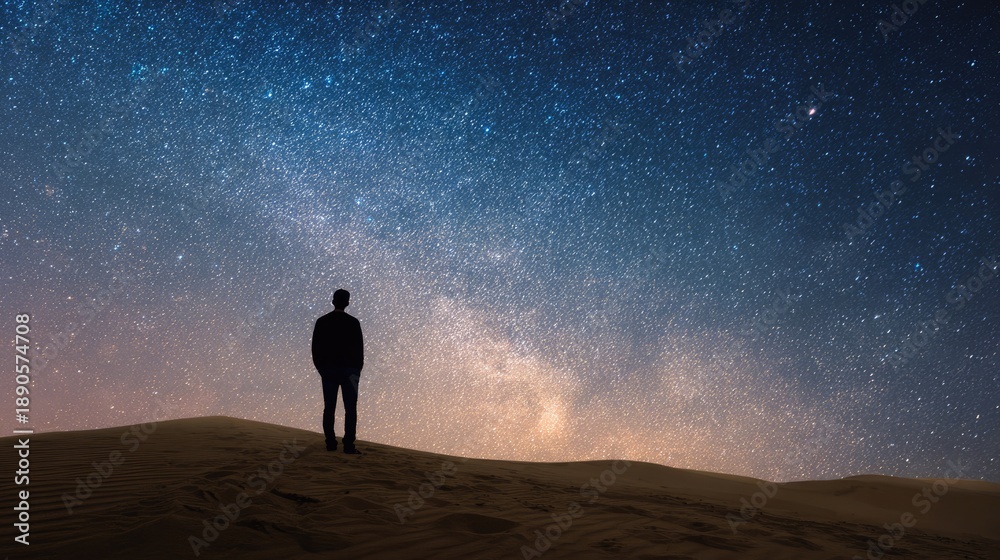 Fototapeta premium Silhouette of a Man Standing in Desert Under Starry Milky Way Sky