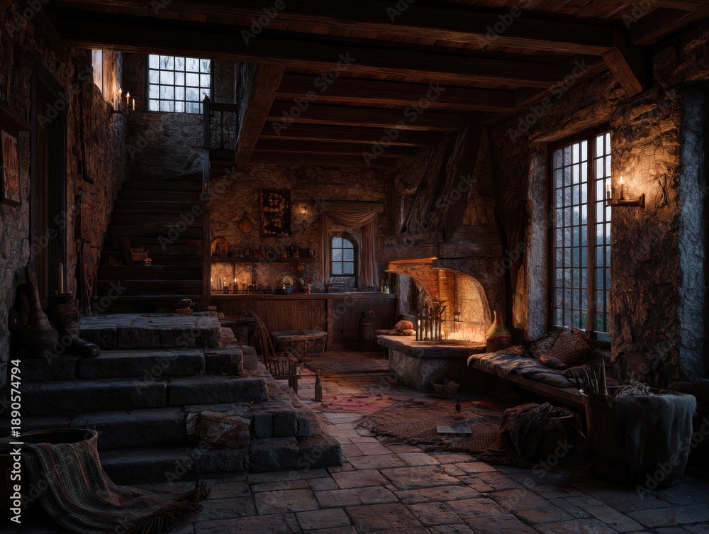 Naklejka premium Cozy Stone Cottage Interior at Dusk with Fireplace and Window Light