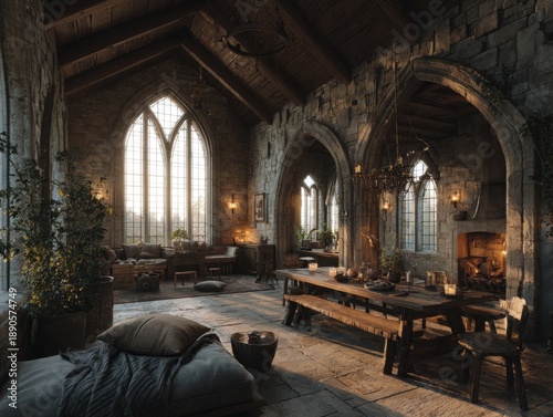 Inviting Gothic Great Hall Interior: Rustic Charm and Cozy Tranquility