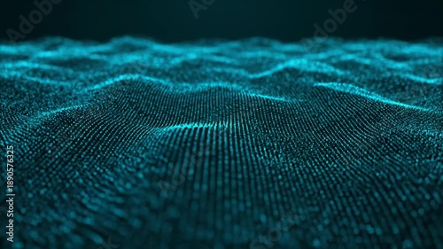 Abstract digital background of flowing cyan particles. A futuristic technology landscape with undulating waves. Big data and network connection concept