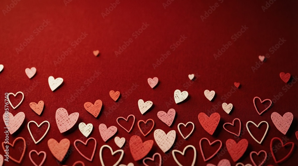 Obraz premium Small decorative paper hearts scattered on deep red background, romantic festive composition symbolizing love, affection and Valentine celebration. Background, copy space