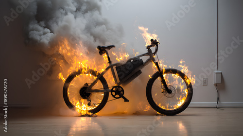 Burning electric bicycle on fire in a room burning bicycle