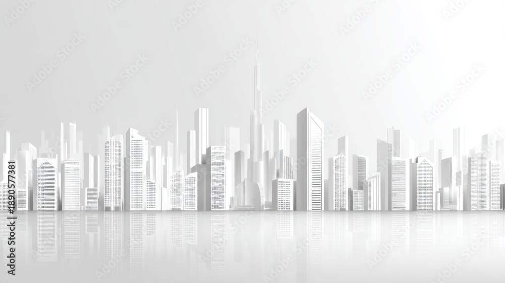Obraz premium A sprawling modern skyline showcases a variety of sleek glass buildings reflecting the bright light of day. The cityscape emphasizes contemporary designs and innovative architectural styles.