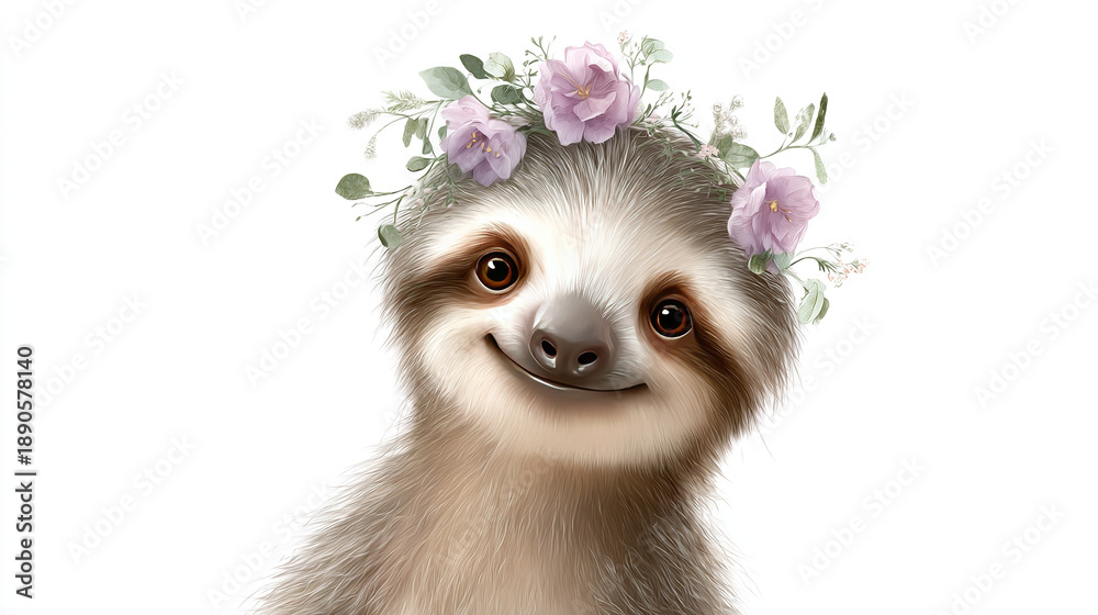 Fototapeta premium Smiling Sloth with Floral Headpiece