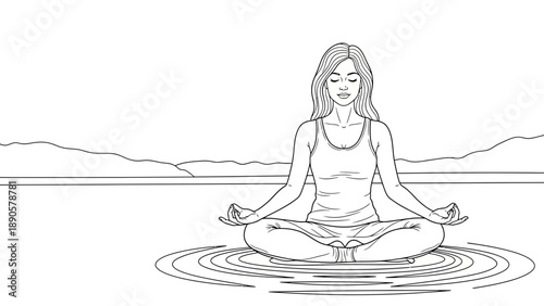Woman in Lotus Pose by a Lake, Nature-Inspired Scene for Meditative Coloring_transparent.