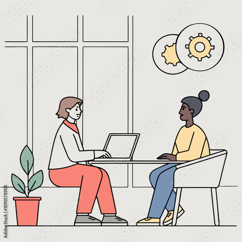 Two women collaborating with laptop and gear icons, business mentorship and teamwork concept