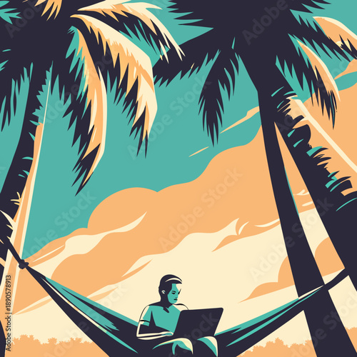 Digital nomad working on laptop in hammock between palm trees, tropical remote work concept