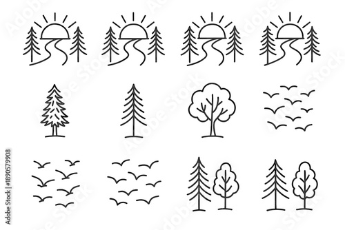 Birds sketch forest collection vector trail trees icons flying over icon sunrise