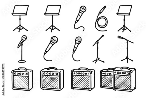 Amp stand set tools music handdrawn vector outline cable icon sketch mic