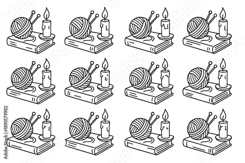 Yarn composition drawing icon still knitting set book vector life candle