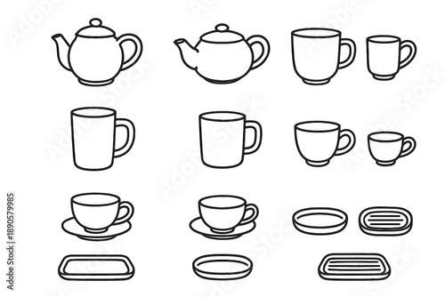 Small tray teaware vector tea pot mug artistic outline icon minimalist