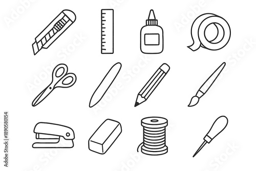Brush paper eraser scissors glue vector cutter stapler craft icon tools tape