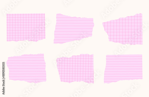 Pink torn paper notes set with grid and lined textures. Cute ripped scrapbook elements for collages, Y2K, coquette aesthetic, planners, journaling, social media templates.