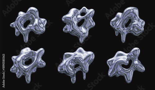 Set of abstract liquid chrome elements. Surreal molten metal shapes in a dither pixel style. Futuristic Y2K mercury-like blobs perfect for collages and experimental design.