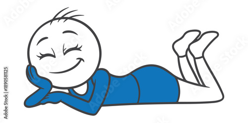 A cartoon character lying down and smiling peacefully on a white background