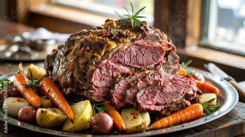 Roast beef with a side dish of baked vegetables. Roast beef is a classic and traditional dish of English (British) cuisine.