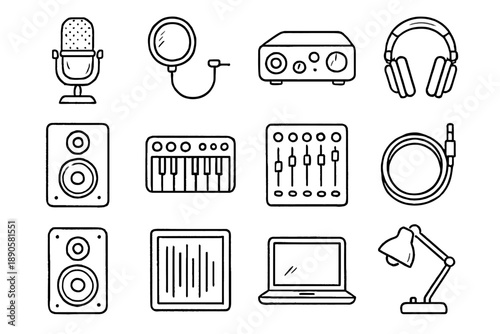 Vector speaker headphones panel equipment keyboard desk midi studio icons laptop icon