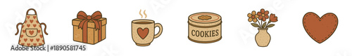Charming collection of rustic home and kitchen essentials, featuring an apron, wrapped gift, steaming mug, cookie jar, flowers, and a stitched heart.