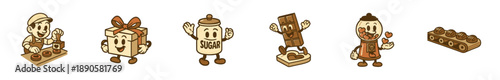 Confectionery characters, sweet treats, and dessert production elements illustrated in a delightful retro cartoon style, ideal for food industry branding.