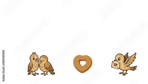 Cute cartoon birds illustrate a sweet romantic scene, featuring a heart-shaped cookie and a bird delivering a heartfelt love letter.