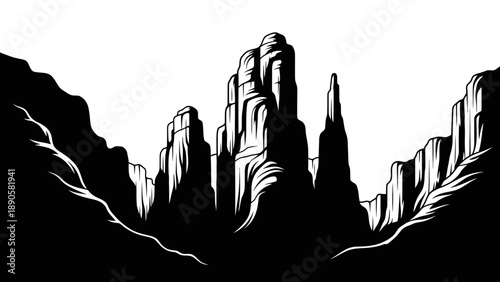 Eroded Sandstone Pillars Rising from Canyon Floor Vector Silhouette. transparent.