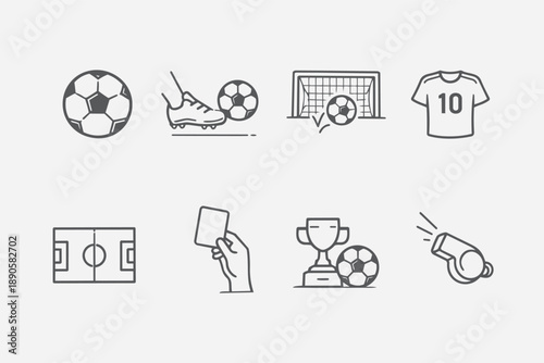 Minimalist soccer icon set featuring ball, kick, goal, jersey, field, referee card, trophy and whistle. Dot icon and stroke line style, ideal for sports, tournaments and digital media.
