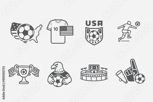 Minimalist USA soccer icon set featuring ball, jersey, crest, player, stadium, trophy and fans. Dot icon and stroke line style, ideal for sports branding, events and digital media.